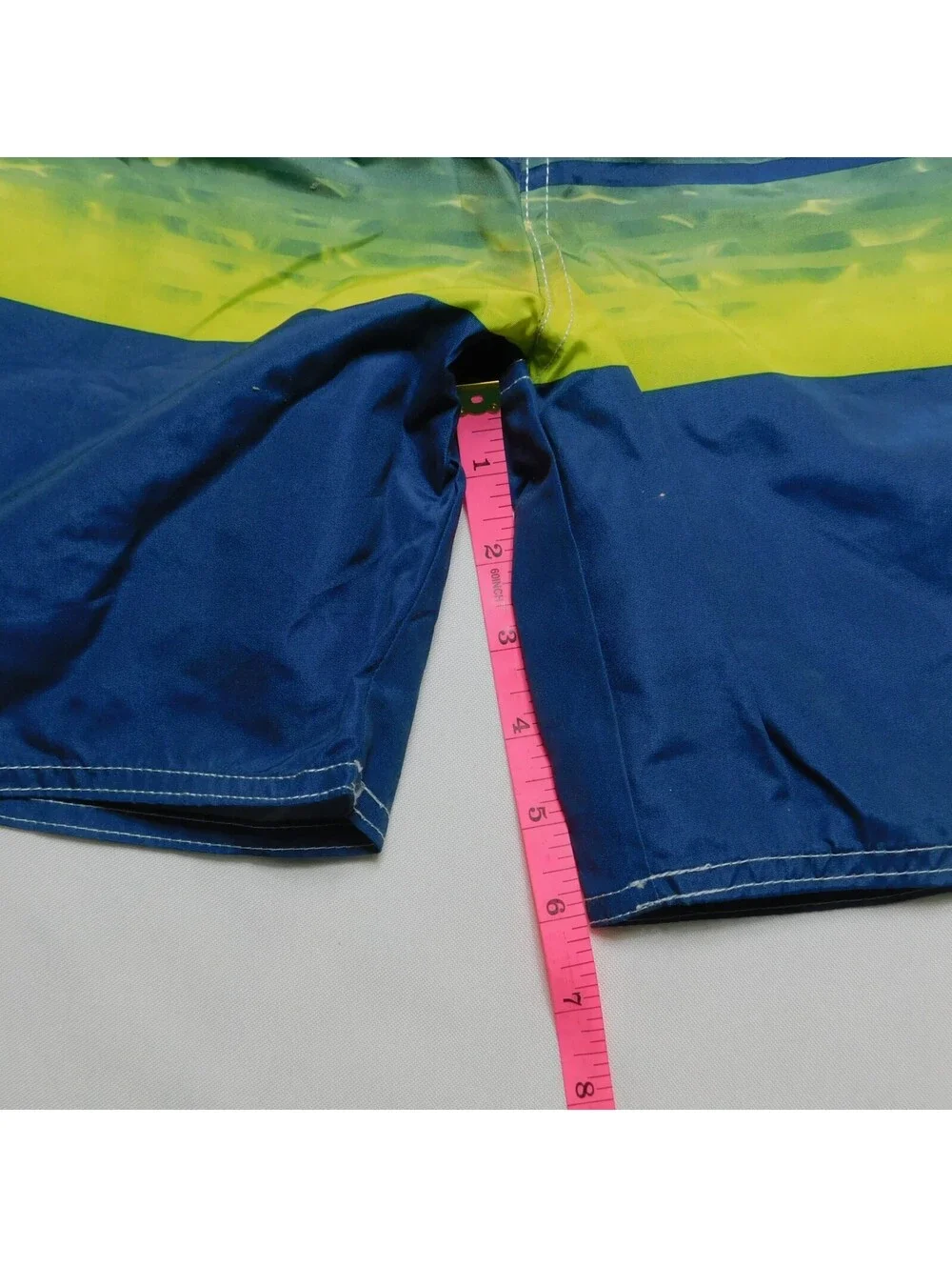 Quad Seven Boys Swim Trunks Size 12 14 Blue Lime Green Striped Bathing Suit Mes